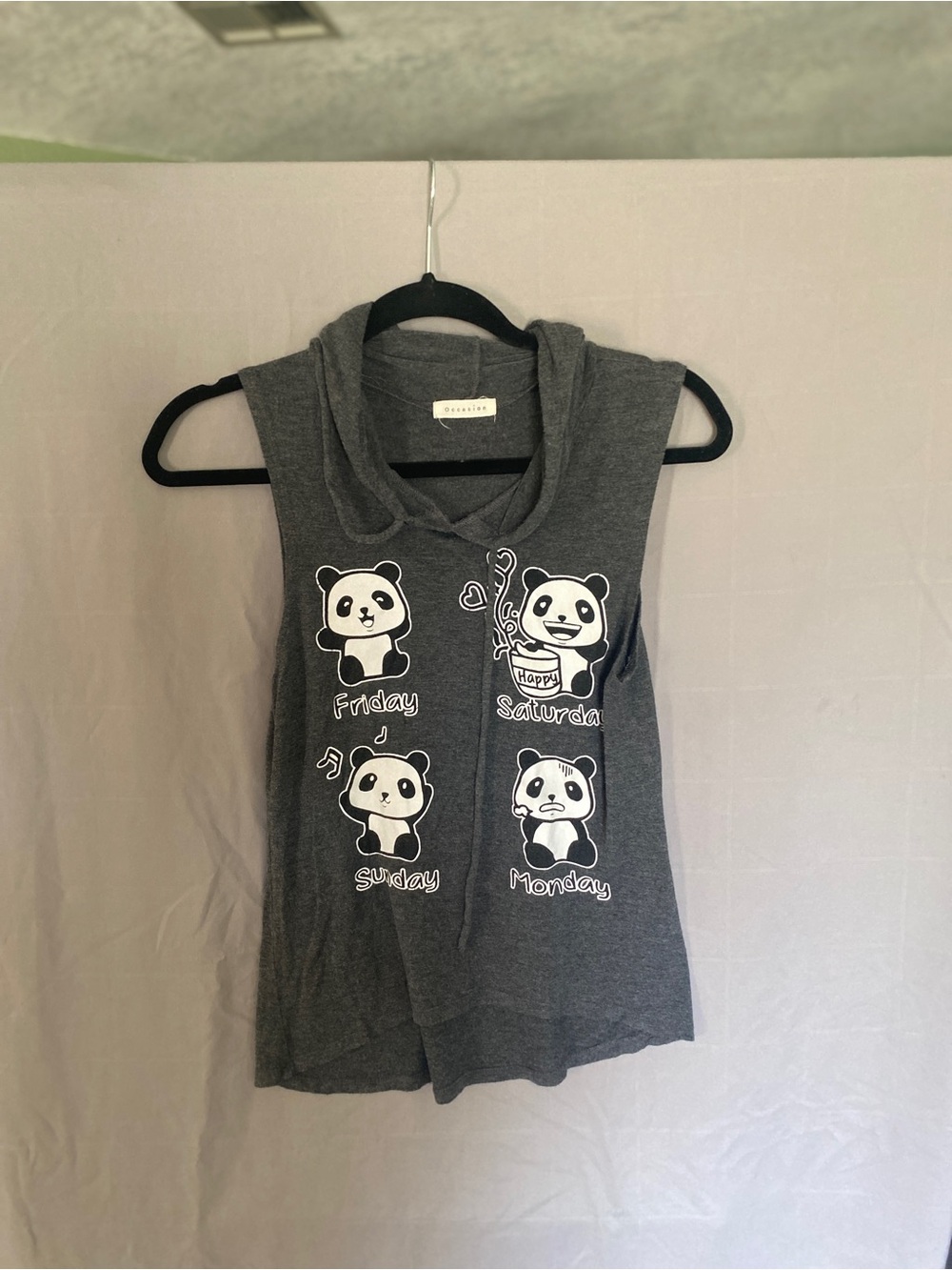 Occasion Gray Sleeveless Hooded Tank with Panda Weekday Graphics